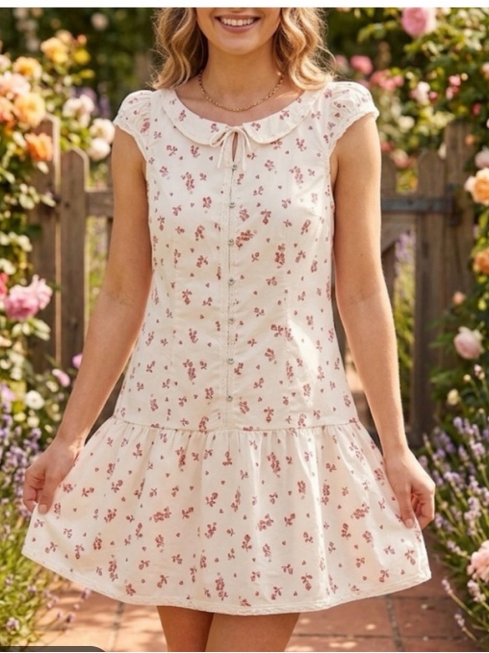 Free People Ivory Mini Dress with red Floral Print